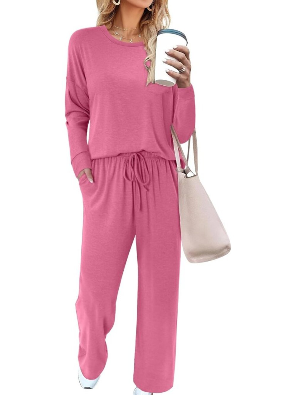 Women's Two Piece Sets Rose Red Travel Sweatsuits Wide Leg Pants Lounge Sets